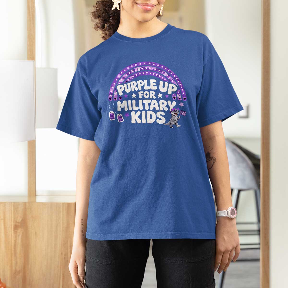 Purple Up For Military Kids T Shirt For Women Cute Dino Dinosaur Proud Military Child Rainbow
