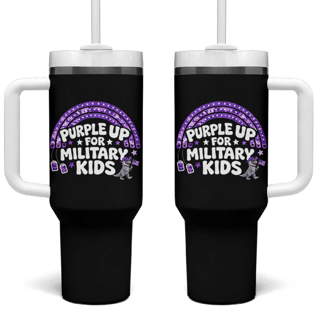 Purple Up For Military Kids Tumbler With Handle Cute Dino Dinosaur Proud Military Child Rainbow