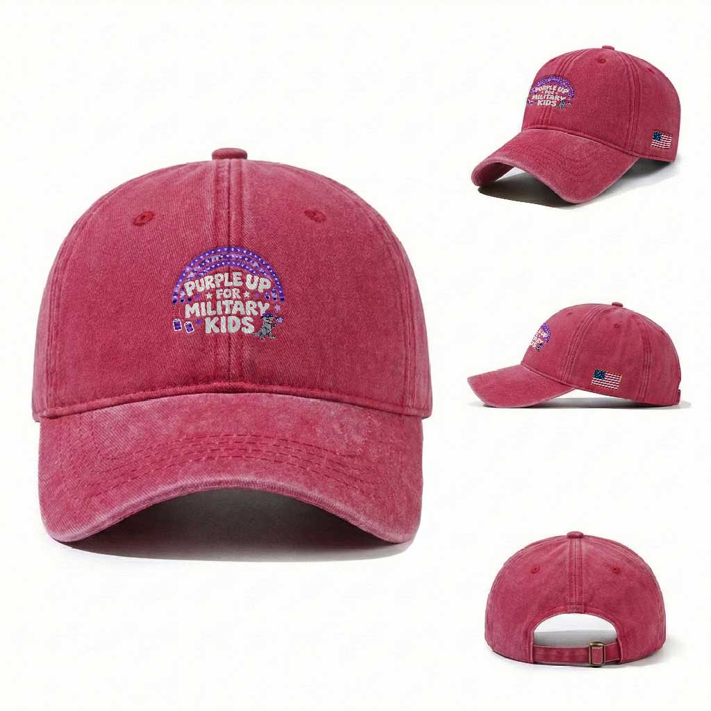Purple Up For Military Kids Washed Cotton Baseball Cap Cute Dino Dinosaur Proud Military Child Rainbow