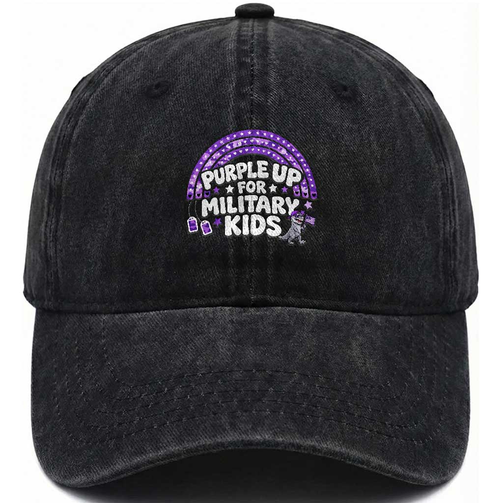 Purple Up For Military Kids Washed Cotton Baseball Cap Cute Dino Dinosaur Proud Military Child Rainbow