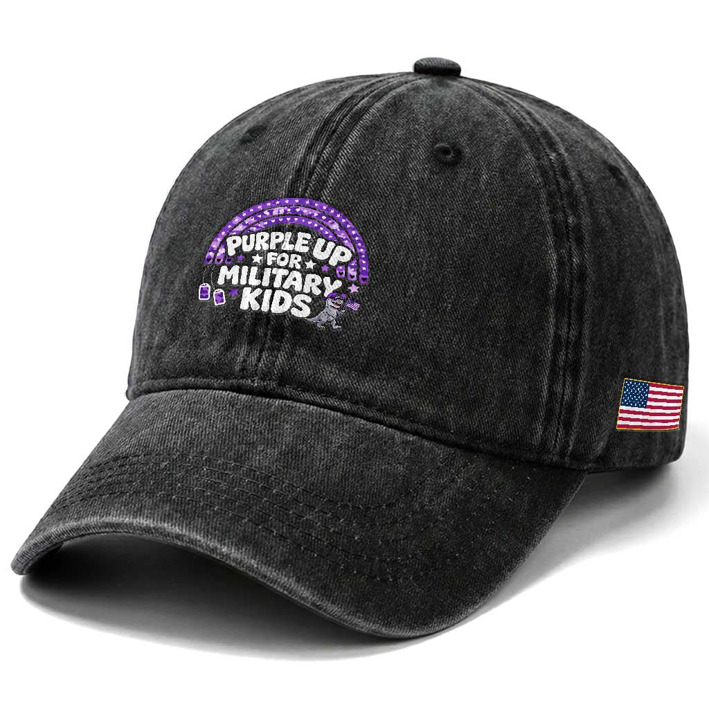 Purple Up For Military Kids Washed Cotton Baseball Cap Cute Dino Dinosaur Proud Military Child Rainbow