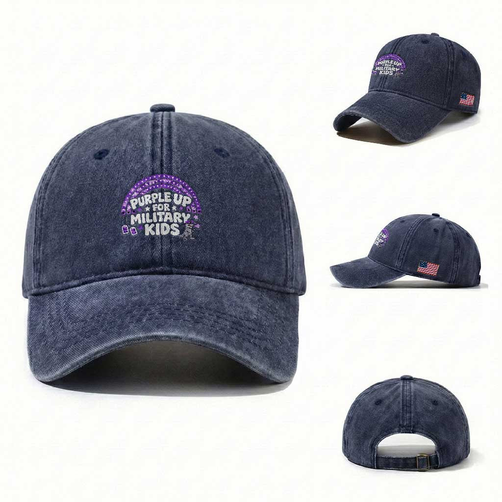Purple Up For Military Kids Washed Cotton Baseball Cap Cute Dino Dinosaur Proud Military Child Rainbow