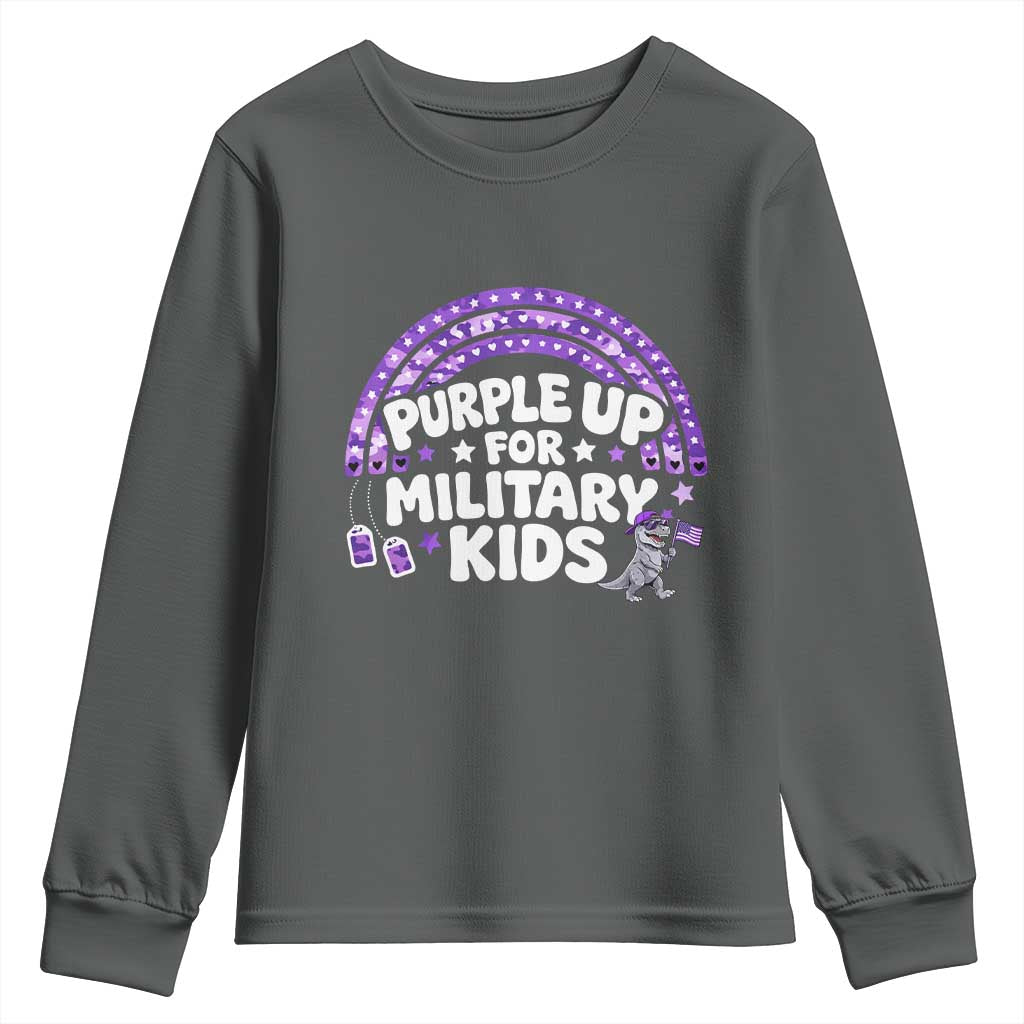 Purple Up For Military Kids Youth Sweatshirt Cute Dino Dinosaur Proud Military Child Rainbow