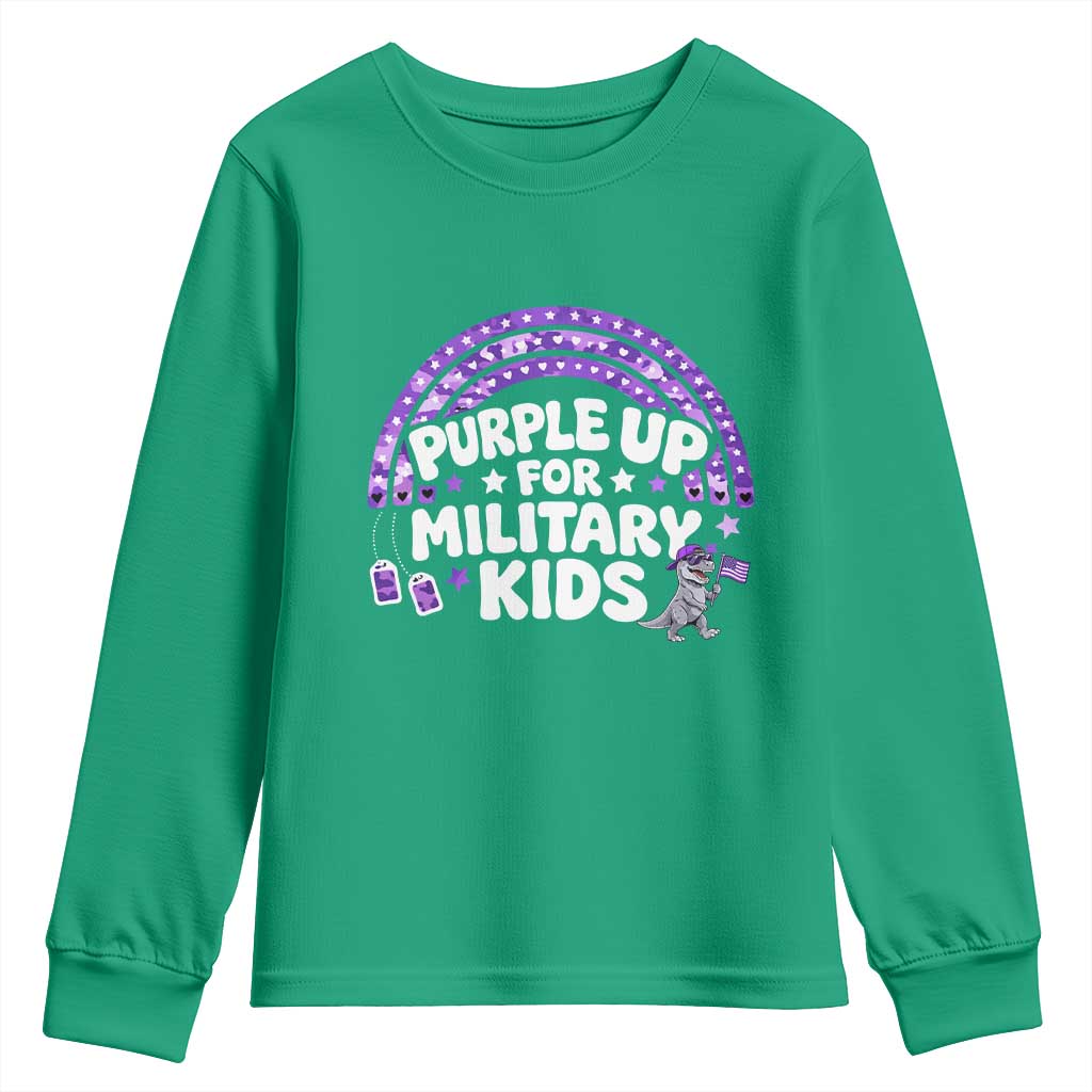 Purple Up For Military Kids Youth Sweatshirt Cute Dino Dinosaur Proud Military Child Rainbow
