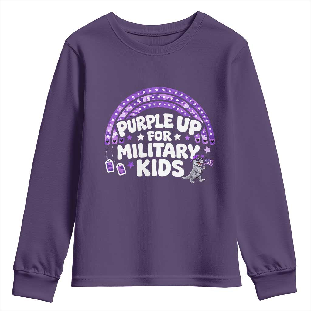 Purple Up For Military Kids Youth Sweatshirt Cute Dino Dinosaur Proud Military Child Rainbow