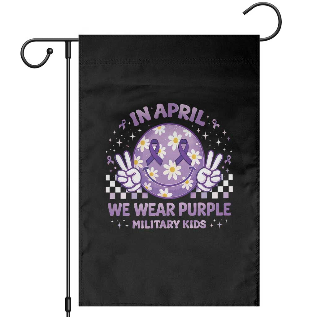 Proud Military Kids Garden Flag Groovy Smile Face In April We Wear Purple Military Child Month