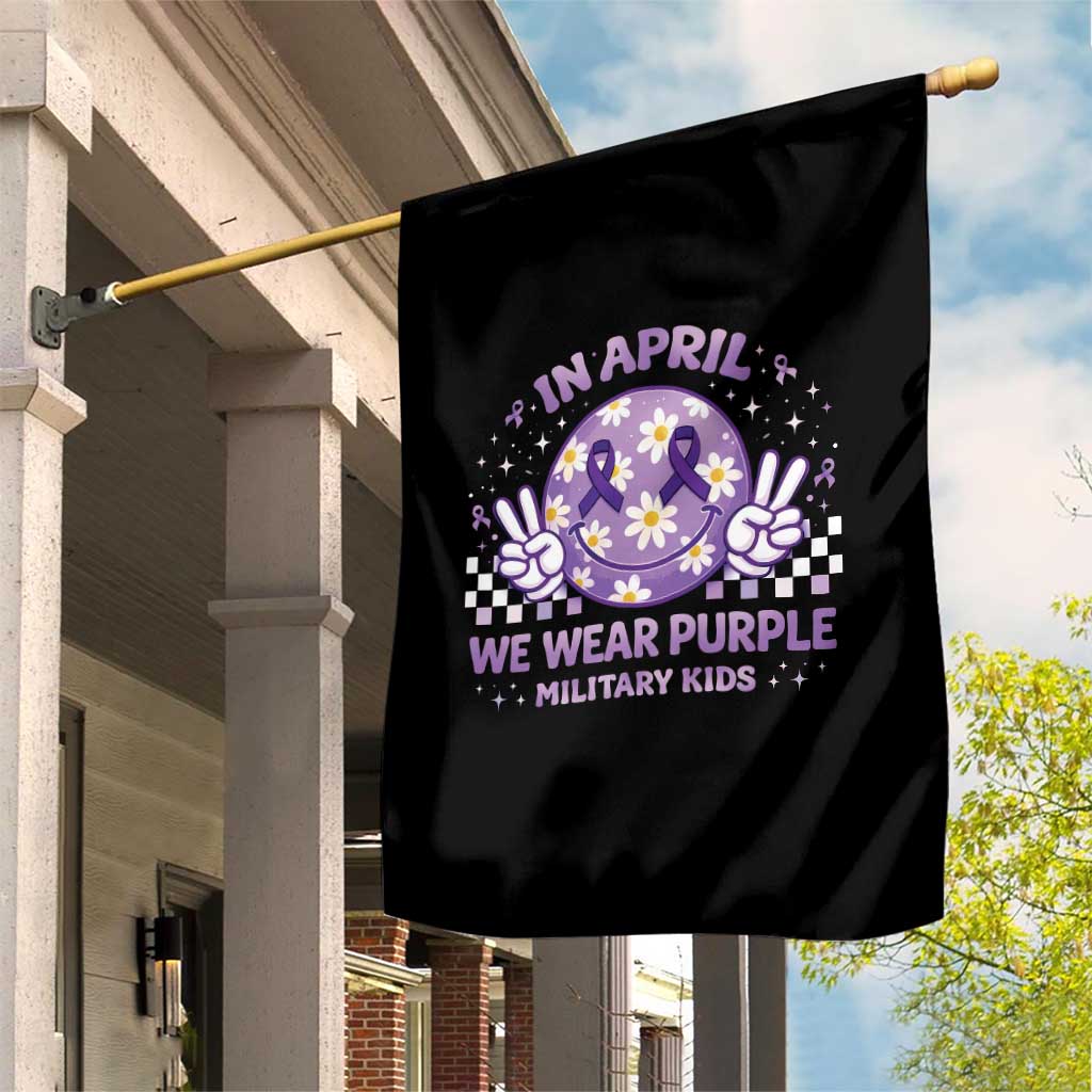 Proud Military Kids Garden Flag Groovy Smile Face In April We Wear Purple Military Child Month