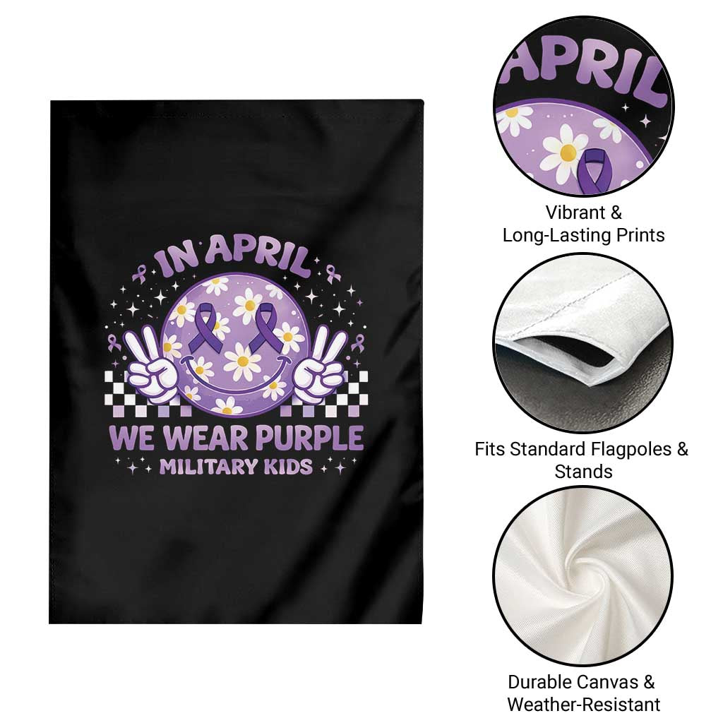 Proud Military Kids Garden Flag Groovy Smile Face In April We Wear Purple Military Child Month