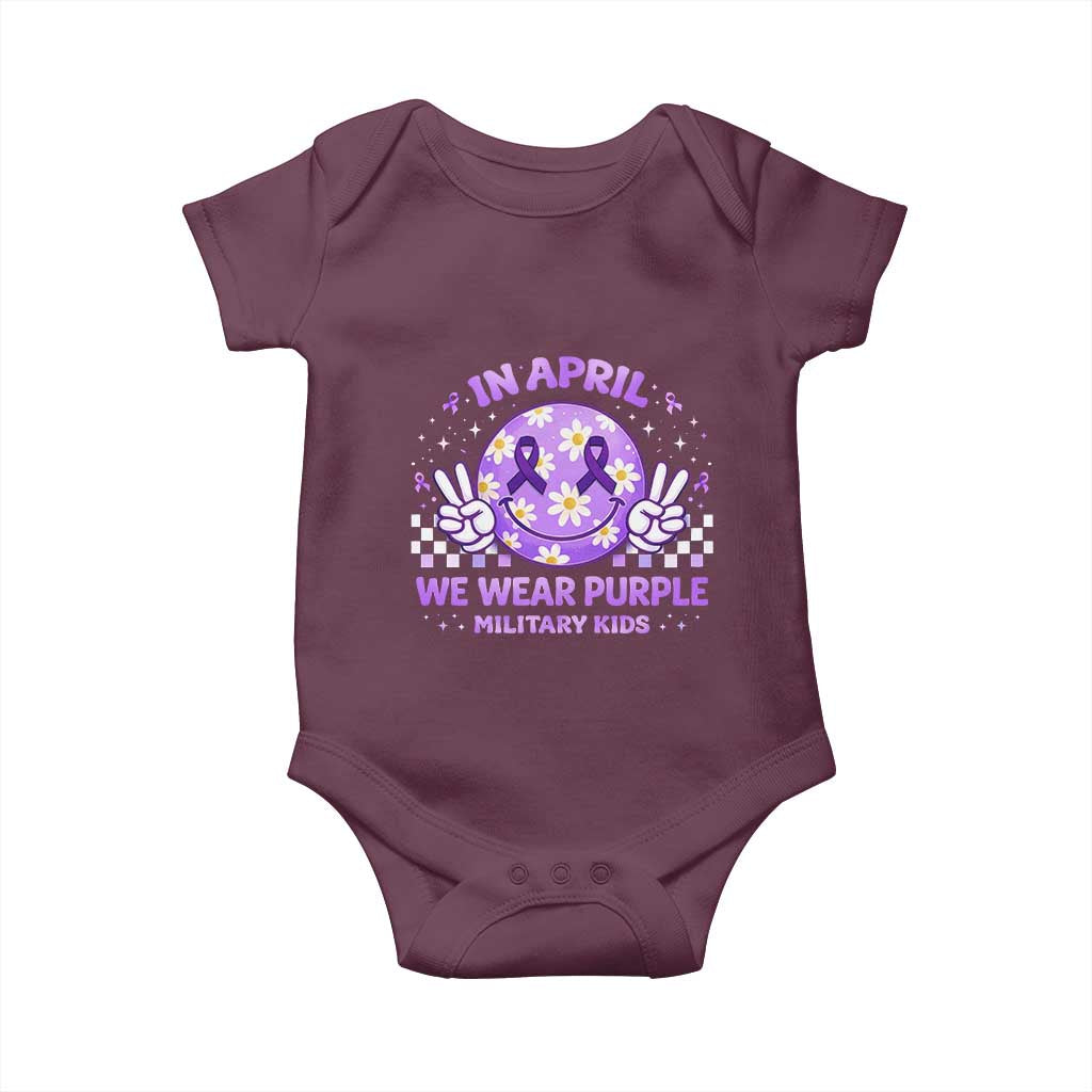 Proud Military Kids Baby Onesie Groovy Smile Face In April We Wear Purple Military Child Month