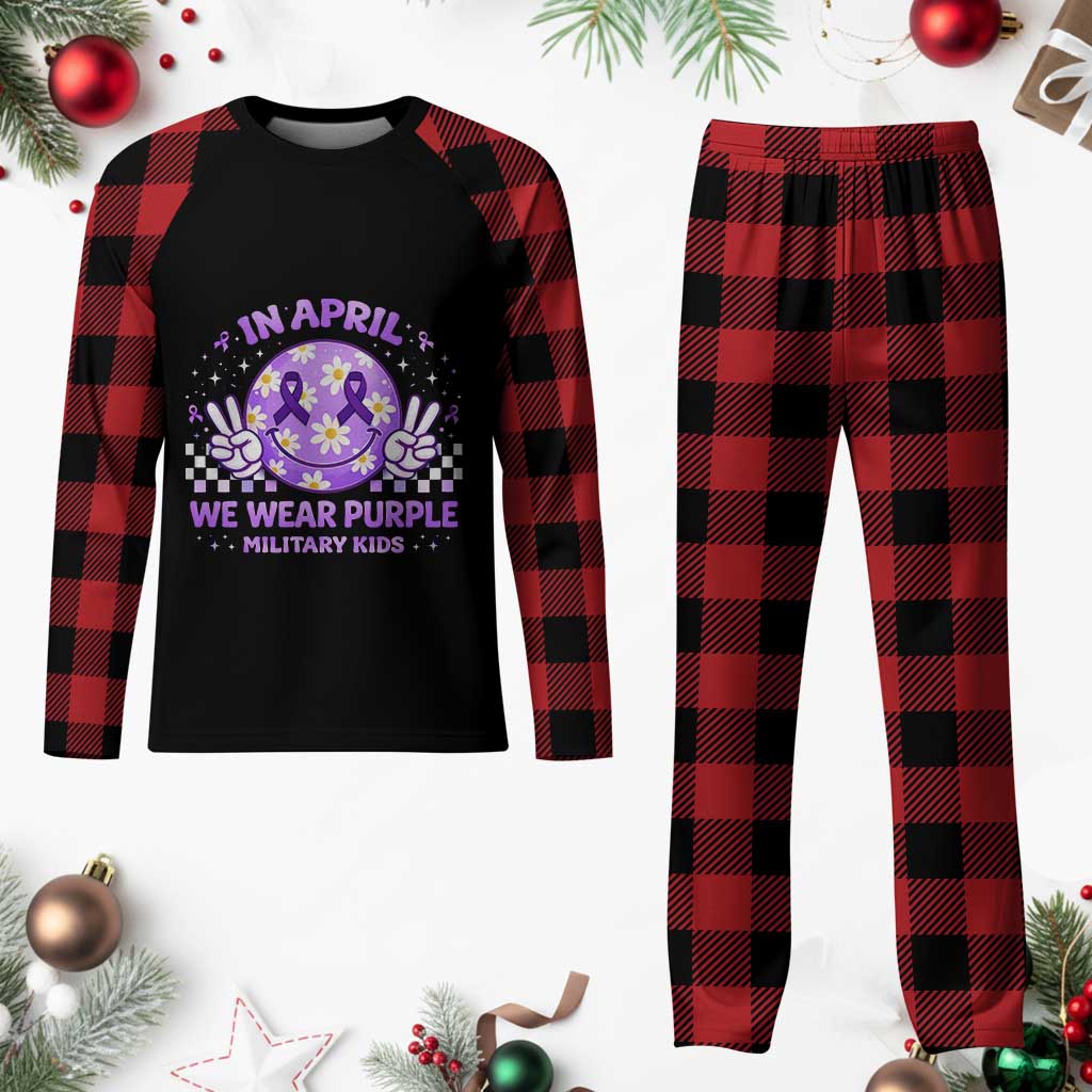Proud Military Kids Plaid Pajama Set Groovy Smile Face In April We Wear Purple Military Child Month