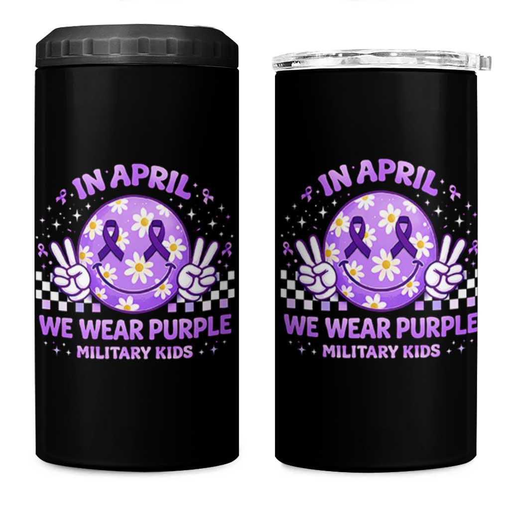 Proud Military Kids 4 in 1 Can Cooler Tumbler Groovy Smile Face In April We Wear Purple Military Child Month