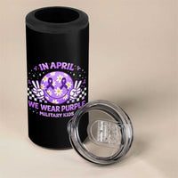 Proud Military Kids 4 in 1 Can Cooler Tumbler Groovy Smile Face In April We Wear Purple Military Child Month
