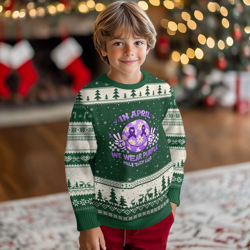 Proud Military Kids Ugly Christmas Sweater Groovy Smile Face In April We Wear Purple Military Child Month