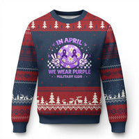 Proud Military Kids Ugly Christmas Sweater Groovy Smile Face In April We Wear Purple Military Child Month