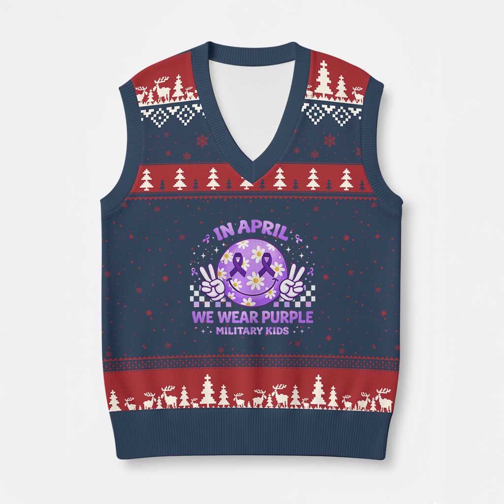 Proud Military Kids V-Neck Knit Sweater Vest Groovy Smile Face In April We Wear Purple Military Child Month