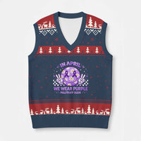 Proud Military Kids V-Neck Knit Sweater Vest Groovy Smile Face In April We Wear Purple Military Child Month