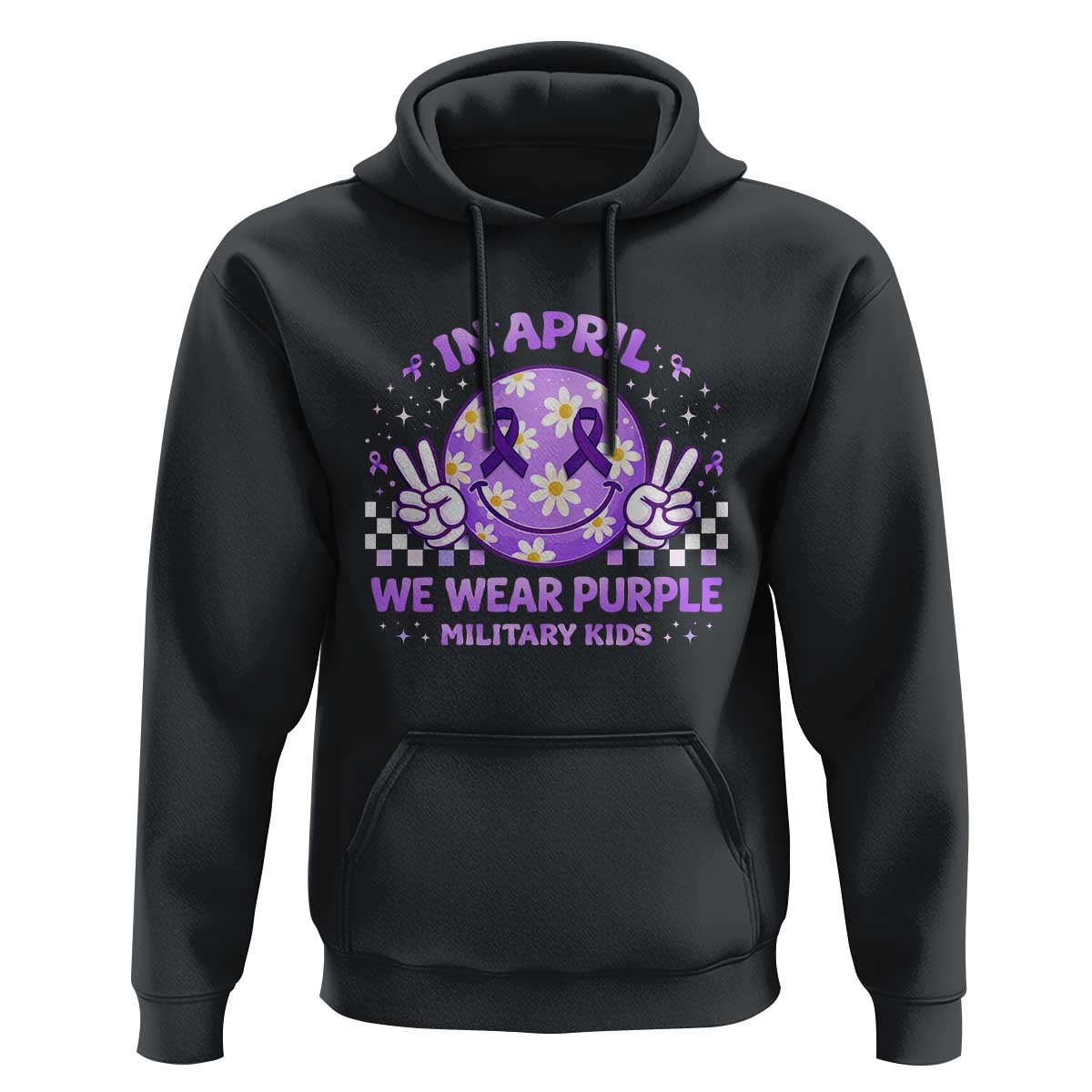Proud Military Kids Hoodie Groovy Smile Face In April We Wear Purple Military Child Month