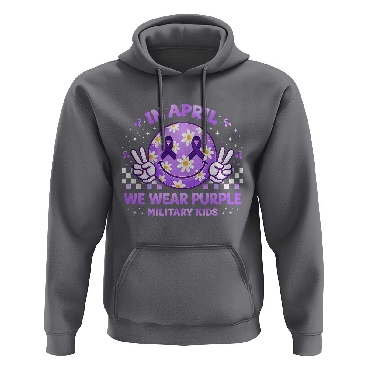 Proud Military Kids Hoodie Groovy Smile Face In April We Wear Purple Military Child Month