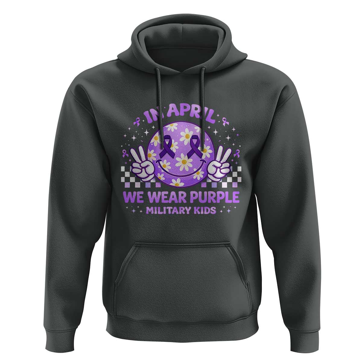 Proud Military Kids Hoodie Groovy Smile Face In April We Wear Purple Military Child Month