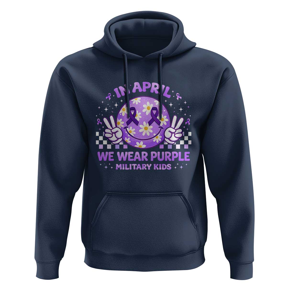 Proud Military Kids Hoodie Groovy Smile Face In April We Wear Purple Military Child Month