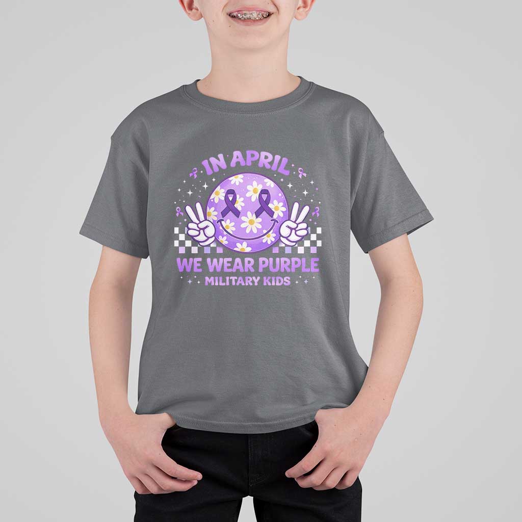 Proud Military Kids T Shirt For Kid Groovy Smile Face In April We Wear Purple Military Child Month