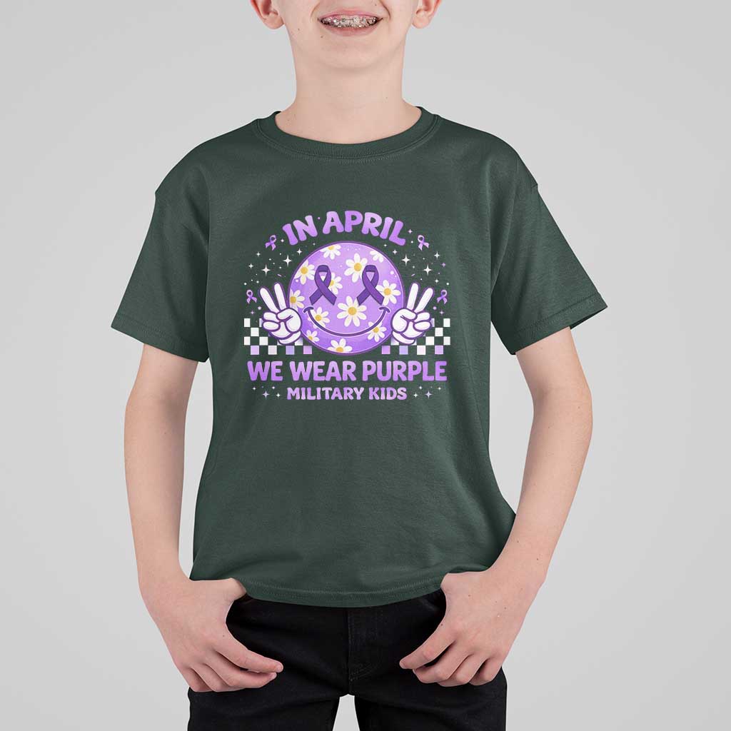 Proud Military Kids T Shirt For Kid Groovy Smile Face In April We Wear Purple Military Child Month