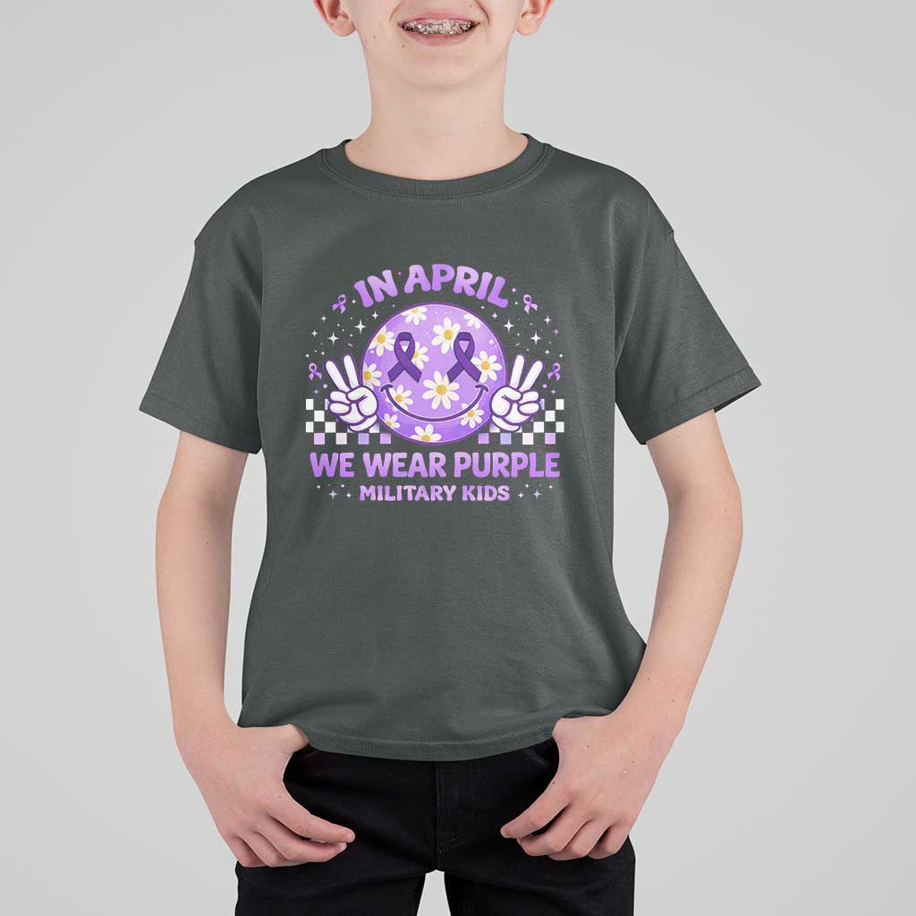 Proud Military Kids T Shirt For Kid Groovy Smile Face In April We Wear Purple Military Child Month