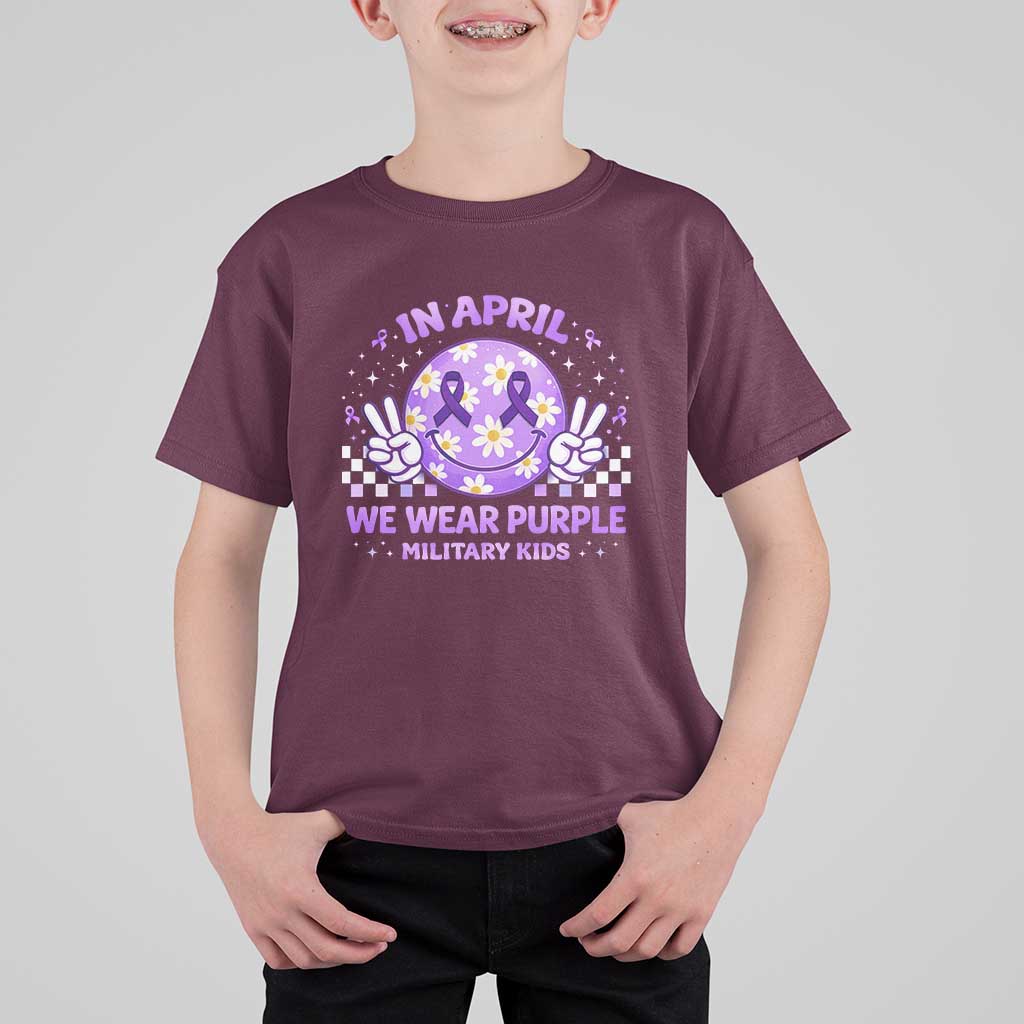 Proud Military Kids T Shirt For Kid Groovy Smile Face In April We Wear Purple Military Child Month
