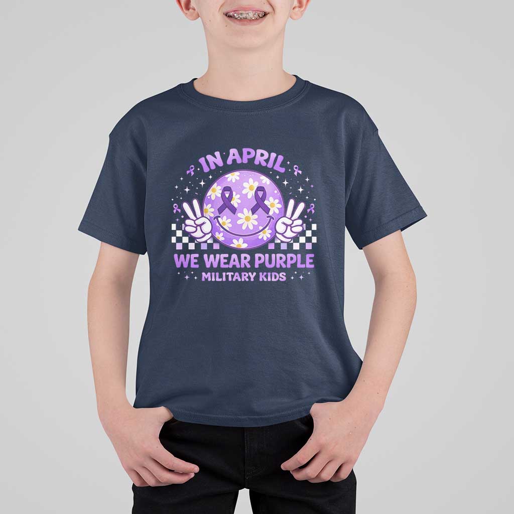 Proud Military Kids T Shirt For Kid Groovy Smile Face In April We Wear Purple Military Child Month