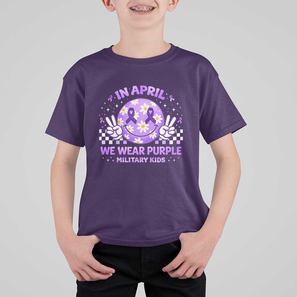 Proud Military Kids T Shirt For Kid Groovy Smile Face In April We Wear Purple Military Child Month
