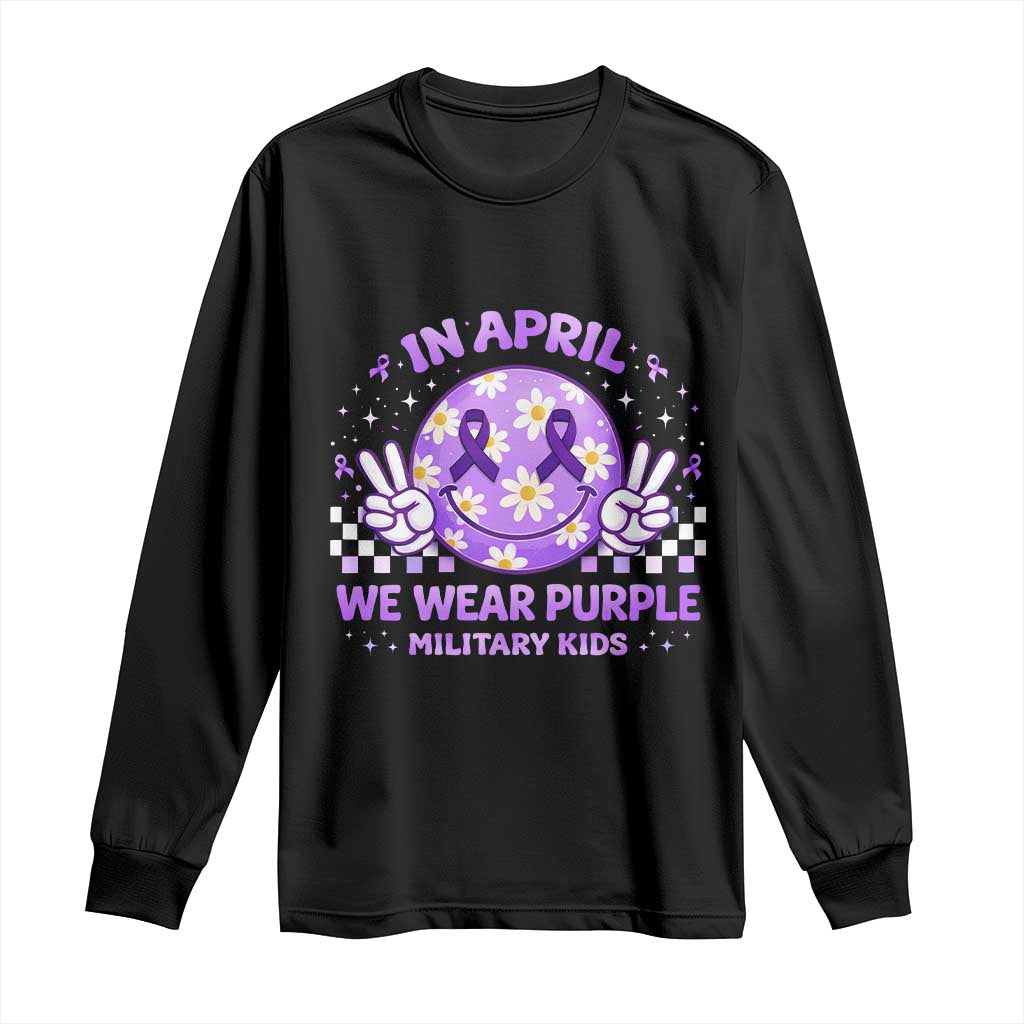 Proud Military Kids Long Sleeve Shirt Groovy Smile Face In April We Wear Purple Military Child Month