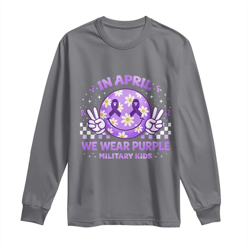 Proud Military Kids Long Sleeve Shirt Groovy Smile Face In April We Wear Purple Military Child Month