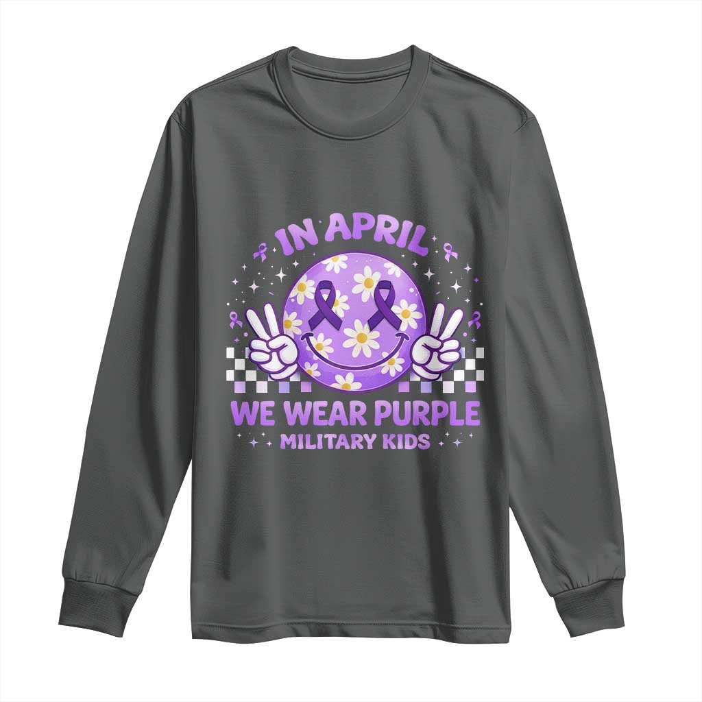 Proud Military Kids Long Sleeve Shirt Groovy Smile Face In April We Wear Purple Military Child Month