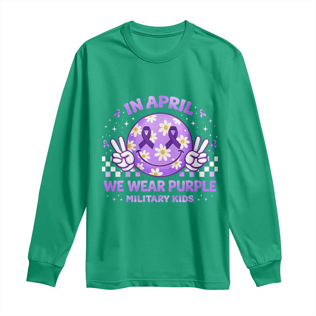 Proud Military Kids Long Sleeve Shirt Groovy Smile Face In April We Wear Purple Military Child Month