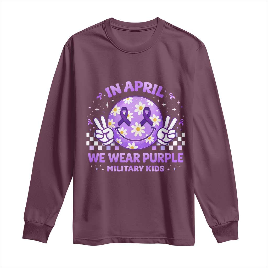Proud Military Kids Long Sleeve Shirt Groovy Smile Face In April We Wear Purple Military Child Month