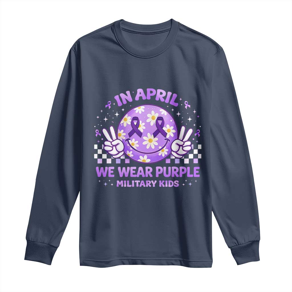 Proud Military Kids Long Sleeve Shirt Groovy Smile Face In April We Wear Purple Military Child Month