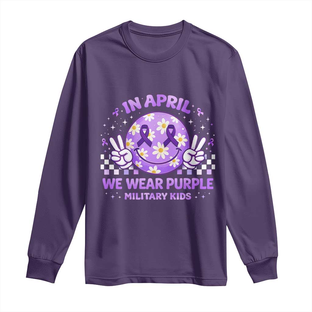 Proud Military Kids Long Sleeve Shirt Groovy Smile Face In April We Wear Purple Military Child Month