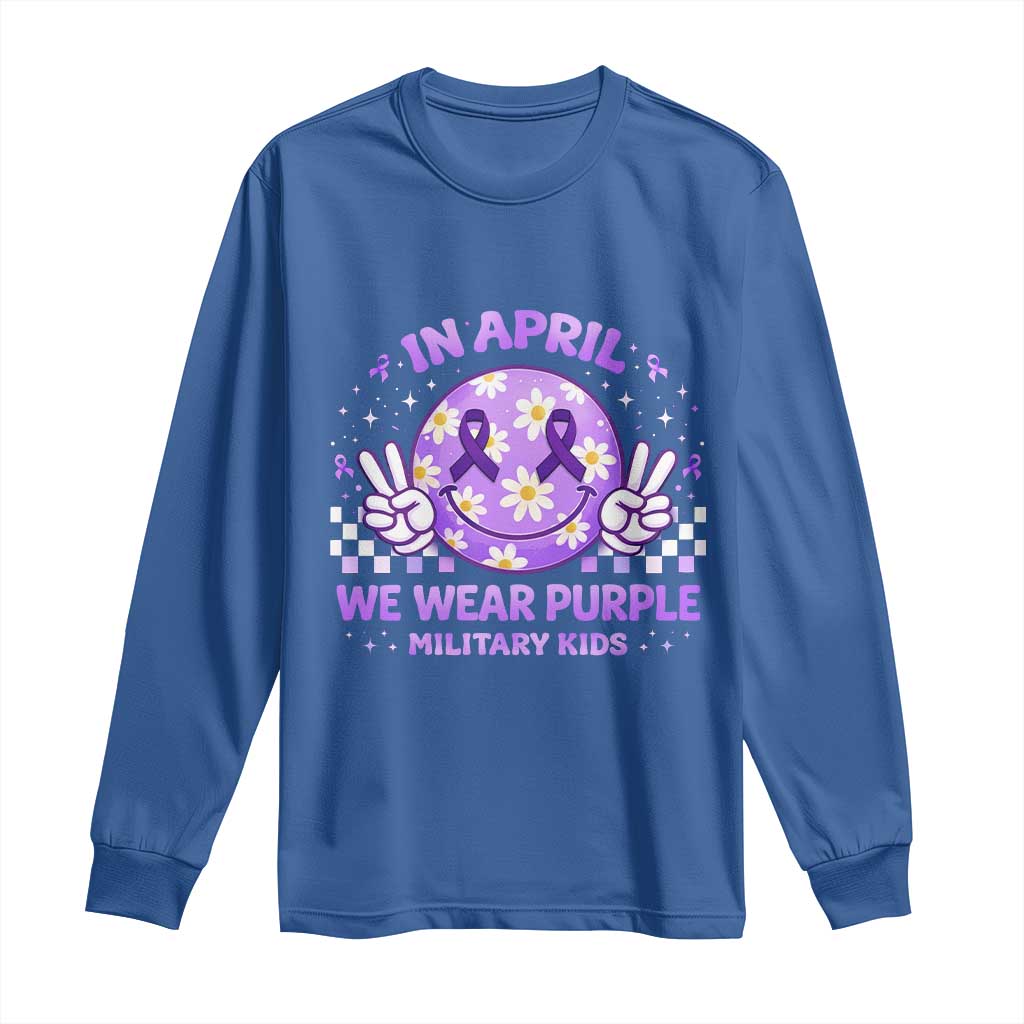Proud Military Kids Long Sleeve Shirt Groovy Smile Face In April We Wear Purple Military Child Month