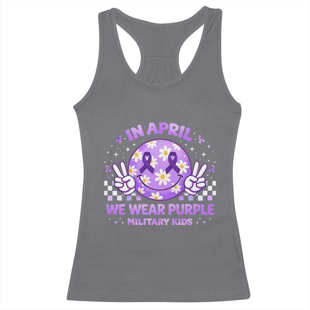 Proud Military Kids Racerback Tank Top Groovy Smile Face In April We Wear Purple Military Child Month