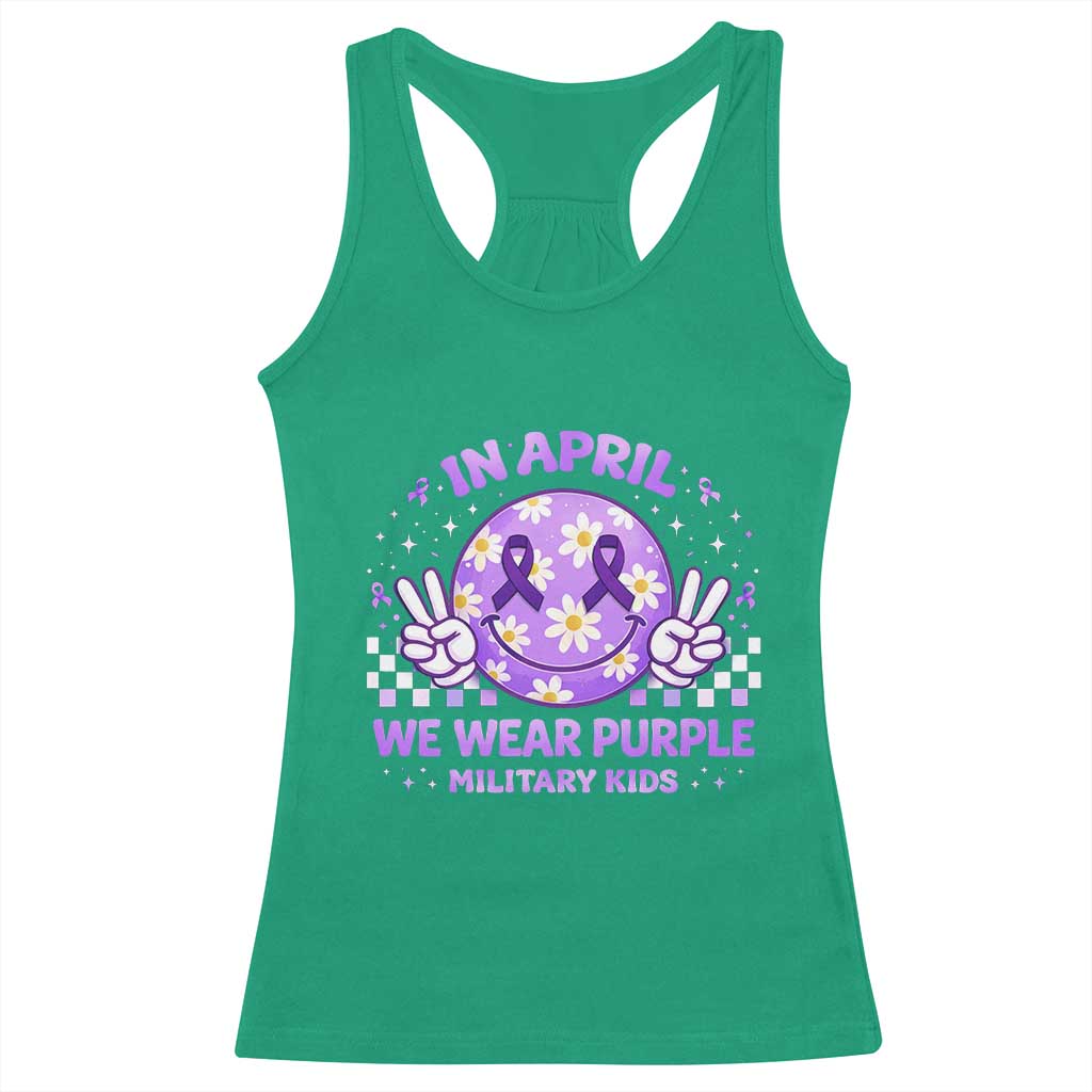 Proud Military Kids Racerback Tank Top Groovy Smile Face In April We Wear Purple Military Child Month