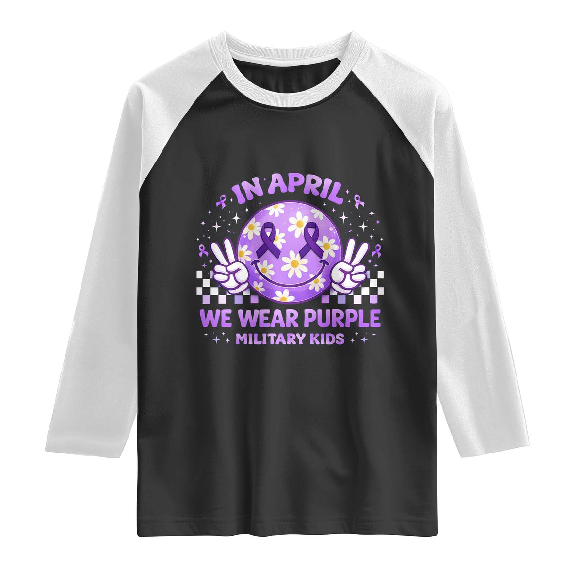 Proud Military Kids Raglan Shirt Groovy Smile Face In April We Wear Purple Military Child Month