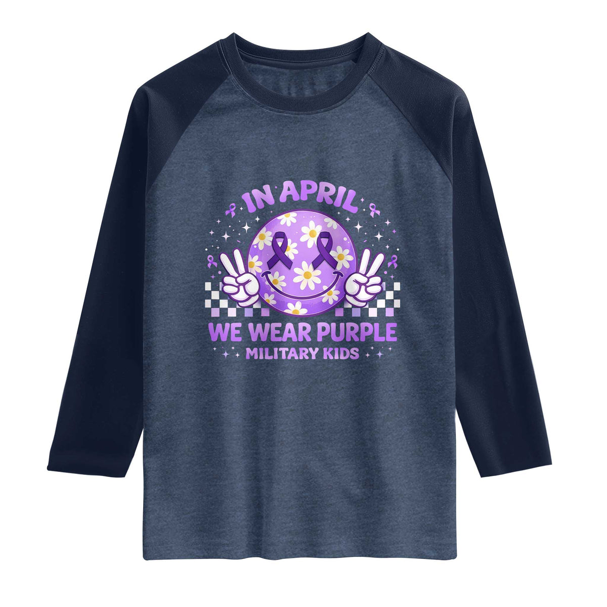 Proud Military Kids Raglan Shirt Groovy Smile Face In April We Wear Purple Military Child Month