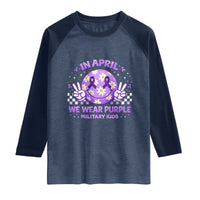 Proud Military Kids Raglan Shirt Groovy Smile Face In April We Wear Purple Military Child Month