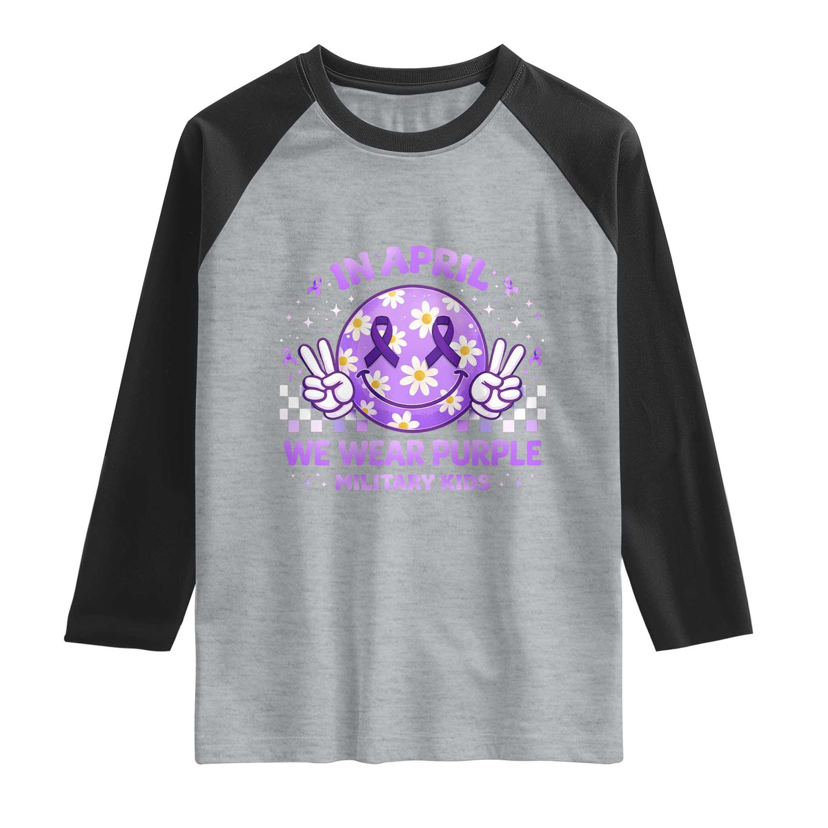 Proud Military Kids Raglan Shirt Groovy Smile Face In April We Wear Purple Military Child Month