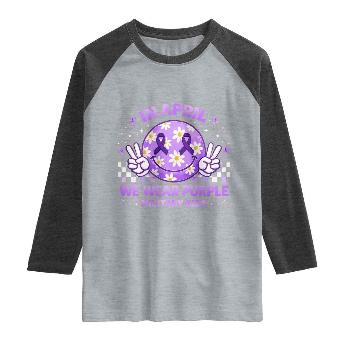 Proud Military Kids Raglan Shirt Groovy Smile Face In April We Wear Purple Military Child Month