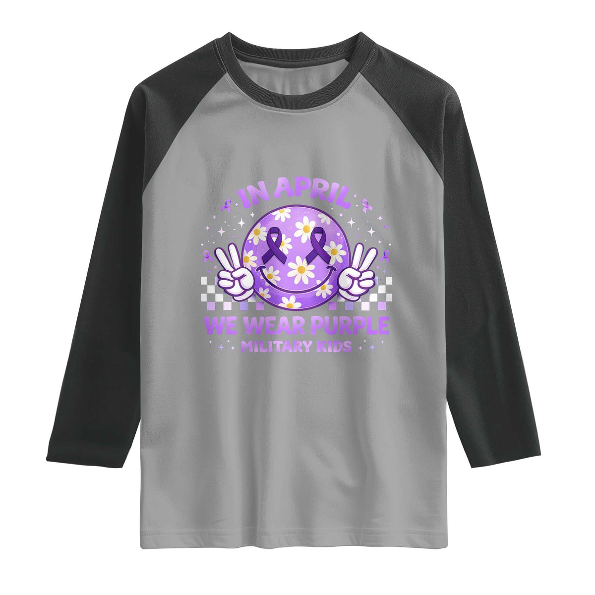 Proud Military Kids Raglan Shirt Groovy Smile Face In April We Wear Purple Military Child Month