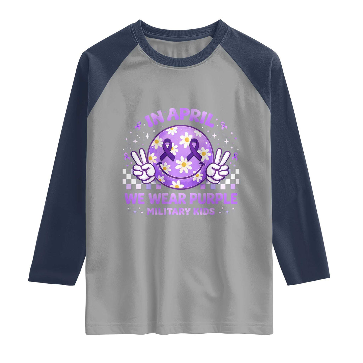 Proud Military Kids Raglan Shirt Groovy Smile Face In April We Wear Purple Military Child Month