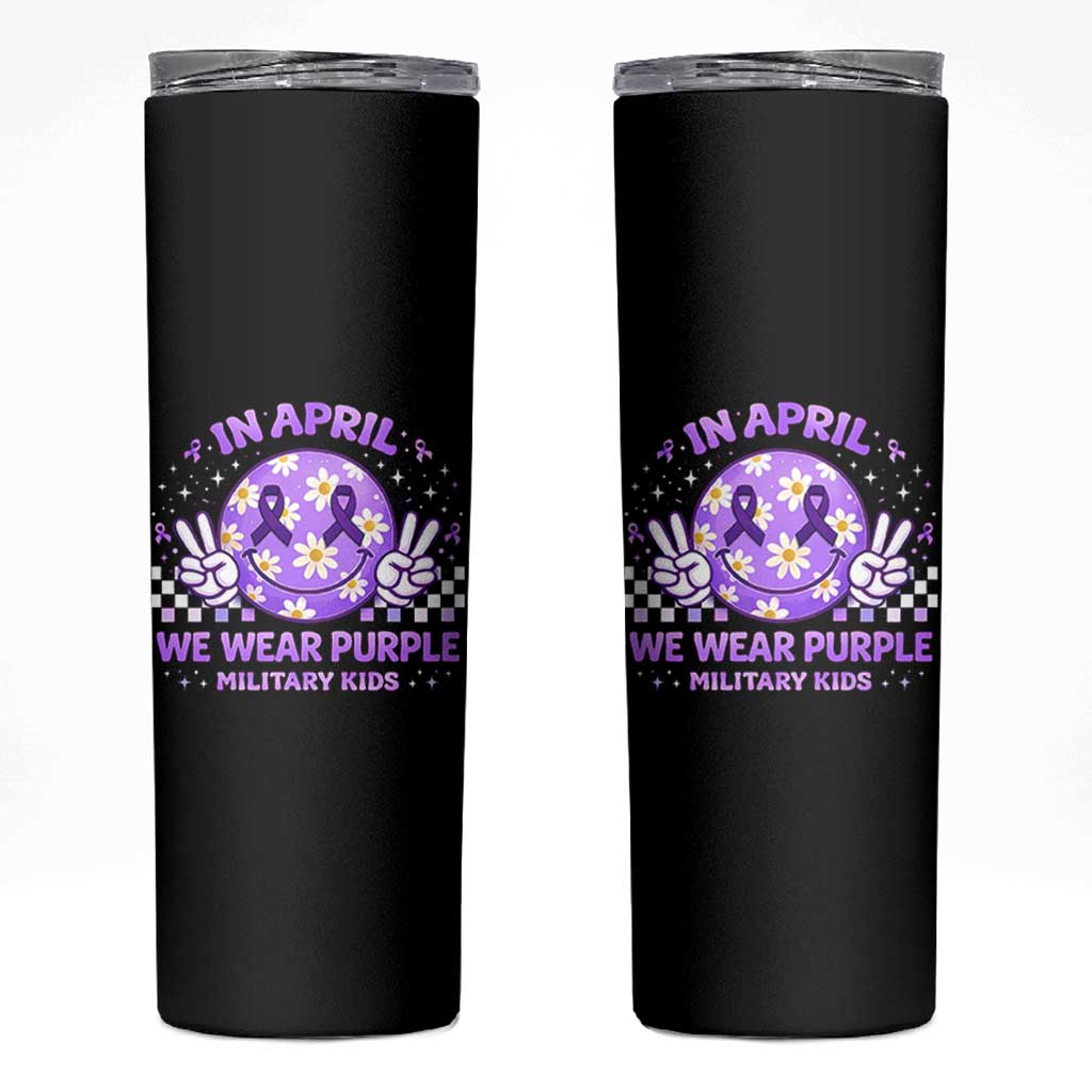 Proud Military Kids Skinny Tumbler Groovy Smile Face In April We Wear Purple Military Child Month