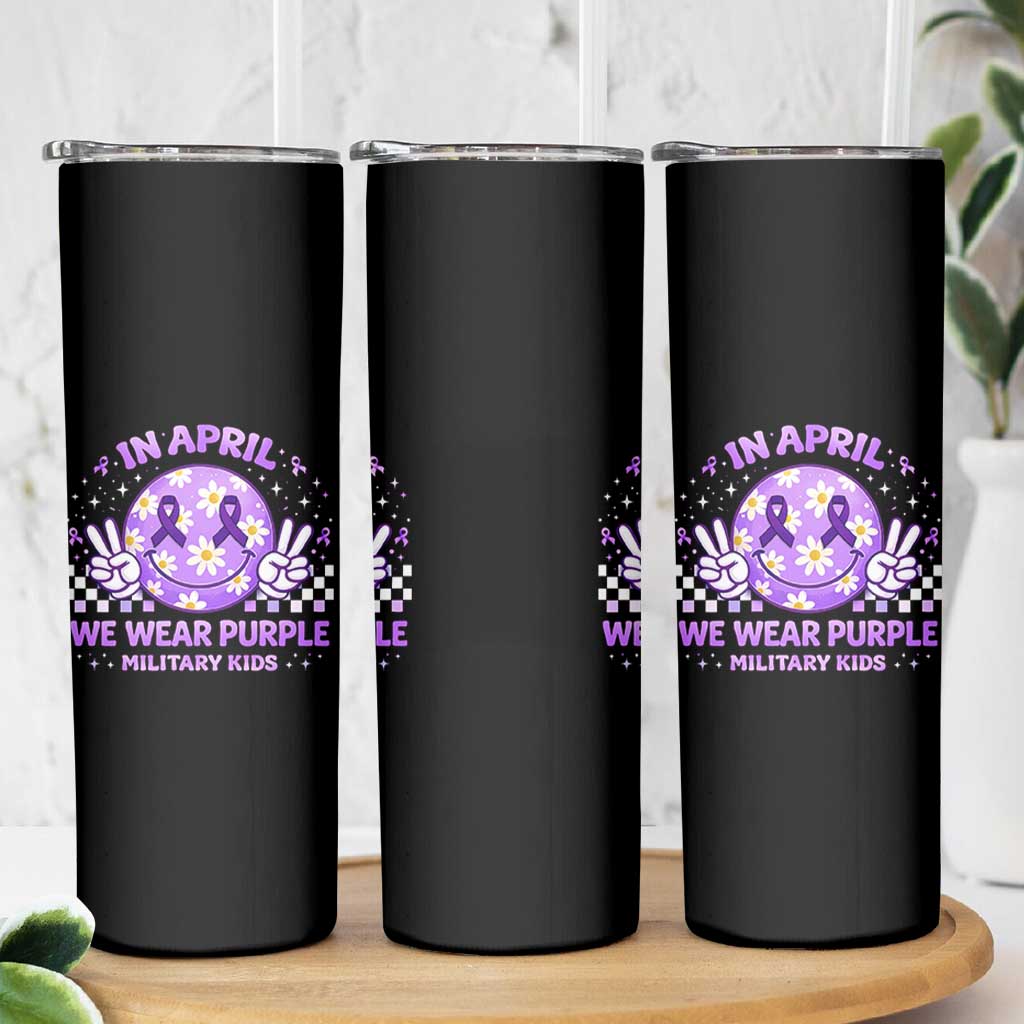 Proud Military Kids Skinny Tumbler Groovy Smile Face In April We Wear Purple Military Child Month