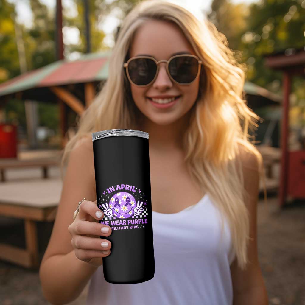 Proud Military Kids Skinny Tumbler Groovy Smile Face In April We Wear Purple Military Child Month